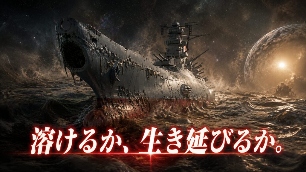 遊離酸の海に沈みかけた宇宙戦艦ヤマトが、極限状態の中で生存をかけて航行する様子を描いたSFビジュアル。絶望的な状況での決断と生存への執念を象徴している。