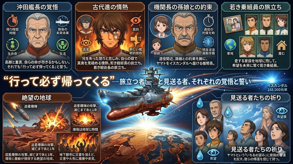 宇宙戦艦ヤマトの旅立ちをテーマに、乗組員や家族、それぞれの覚悟と祈りを図解したインフォグラフィック。