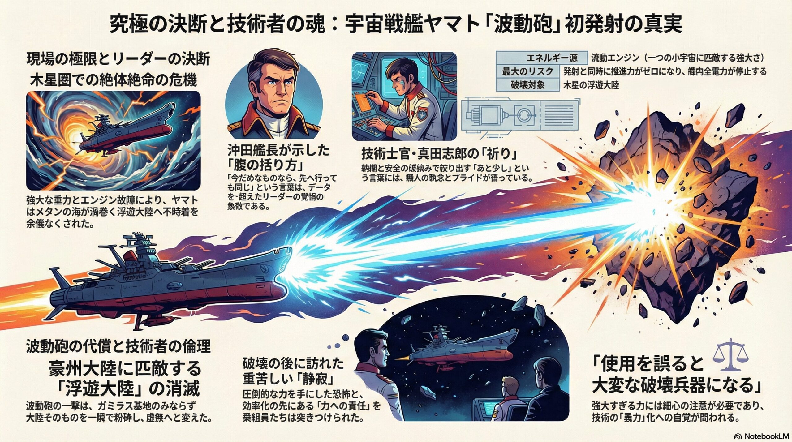宇宙戦艦ヤマトの波動砲初発射を題材に、沖田艦長の決断、真田志郎の技術者倫理、兵器運用の代償を解説した図解。
