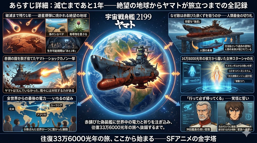 宇宙戦艦ヤマト2199の物語をまとめたインフォグラフィックで、滅亡寸前の地球、イスカンダルからの救済、ヤマト発進までの経緯を図解している。