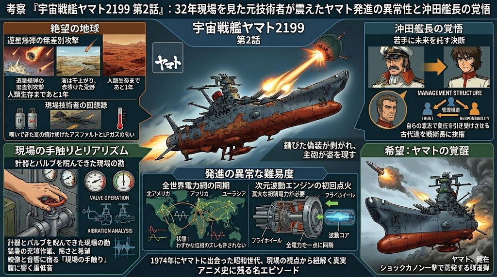 宇宙戦艦ヤマト2199第2話の発進シーンを中心に、技術的難易度や現場のリアリズム、沖田艦長のリーダーシップを解説するインフォグラフィック。