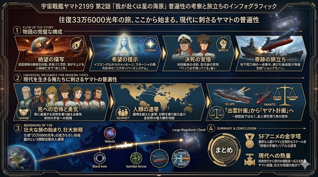 宇宙戦艦ヤマト2199第2話のテーマや物語構成、現代的な意義を図解したインフォグラフィック。