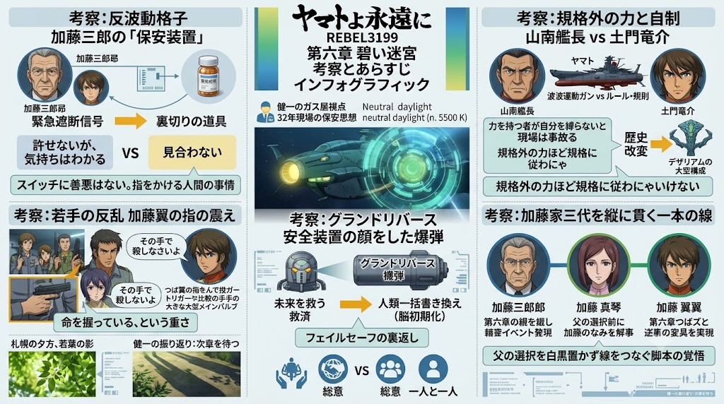 『ヤマトよ永遠に REBEL3199』第六章「碧い迷宮」の考察とあらすじをまとめたインフォグラフィック。加藤三郎、山南艦長、土門竜介、グランドリバースなどの関係性やテーマを図解で解説している。
