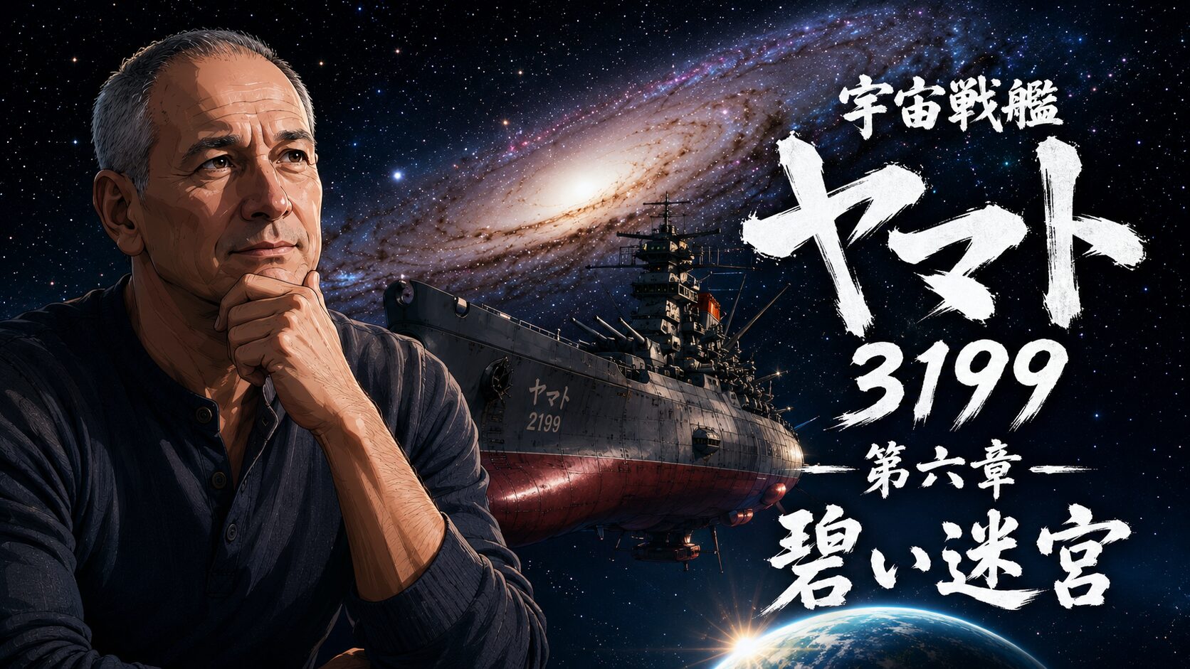 『宇宙戦艦ヤマト3199』第六章「碧い迷宮」をイメージしたサムネイル。宇宙空間を背景にヤマト2199と銀河、左側には思索する男性のイラストが配置されている。