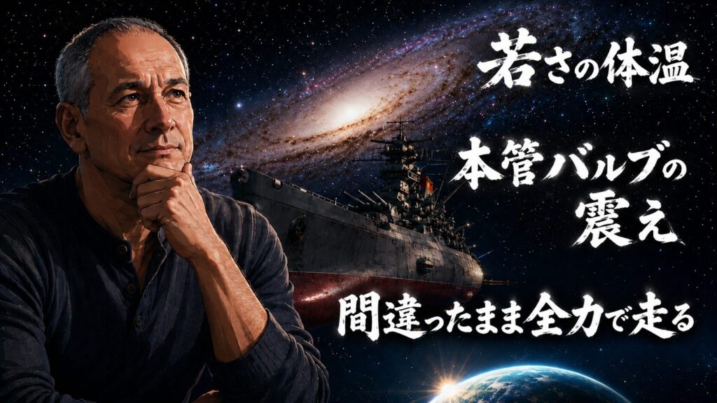 『ヤマトよ永遠に REBEL3199』第六章「碧い迷宮」の考察サムネイル。宇宙戦艦ヤマトと銀河を背景に、「若さの体温」「本管バルブの震え」「間違ったまま全力で走る」というテーマを筆文字で表現したデザイン。