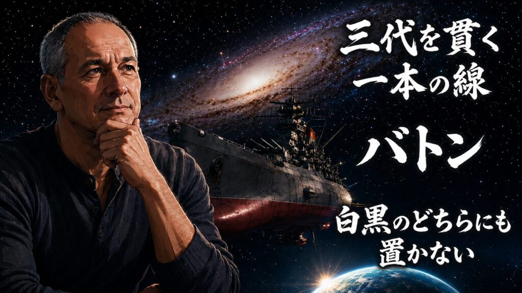 『ヤマトよ永遠に REBEL3199』第六章「碧い迷宮」の考察サムネイル。宇宙戦艦ヤマトと銀河を背景に、「三代を貫く一本の線」「バトン」「白黒のどちらにも置かない」というキーワードで、加藤家三代に受け継がれる信念と人間ドラマを表現したデザイン。