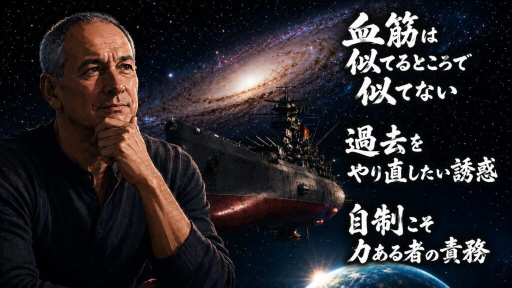 『ヤマトよ永遠に REBEL3199』第六章「碧い迷宮」の考察サムネイル。宇宙戦艦ヤマトと銀河を背景に、「血筋は似てるところで似てない」「過去をやり直したい誘惑」「自制こそ力ある者の責務」というテーマを描いたデザイン。