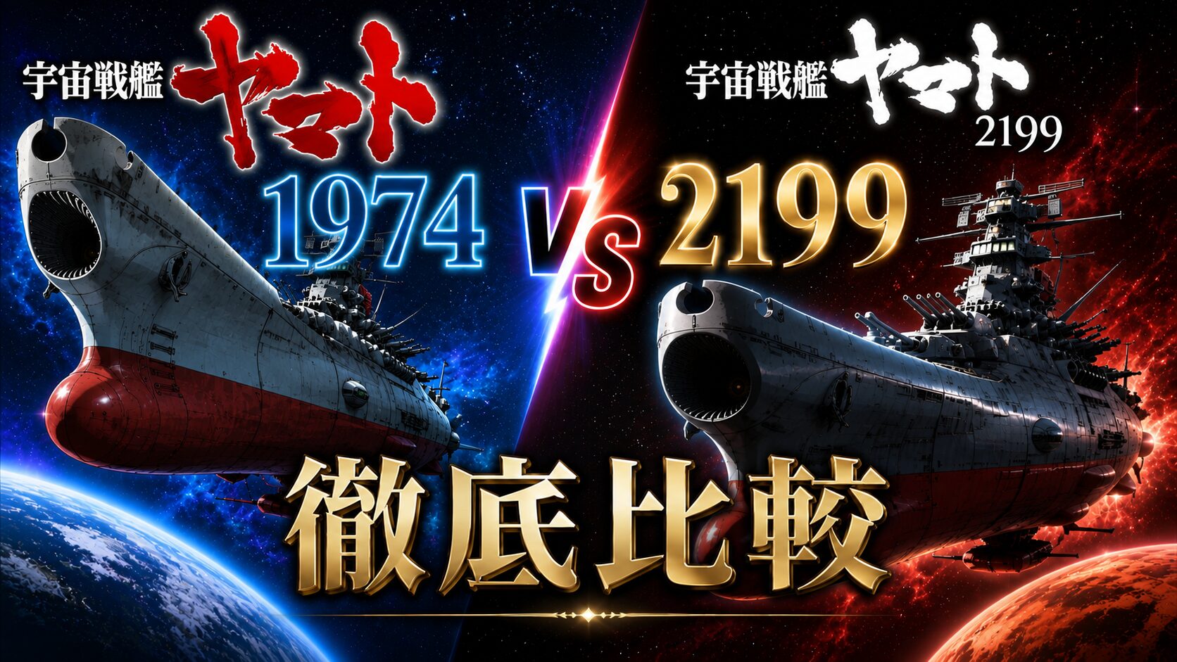 『宇宙戦艦ヤマト』1974年版と『宇宙戦艦ヤマト2199』のビジュアルを左右に配置し、両作品の違いを比較するサムネイル画像。青と赤の宇宙空間を背景に、それぞれのヤマト艦が対峙する構図で描かれている。