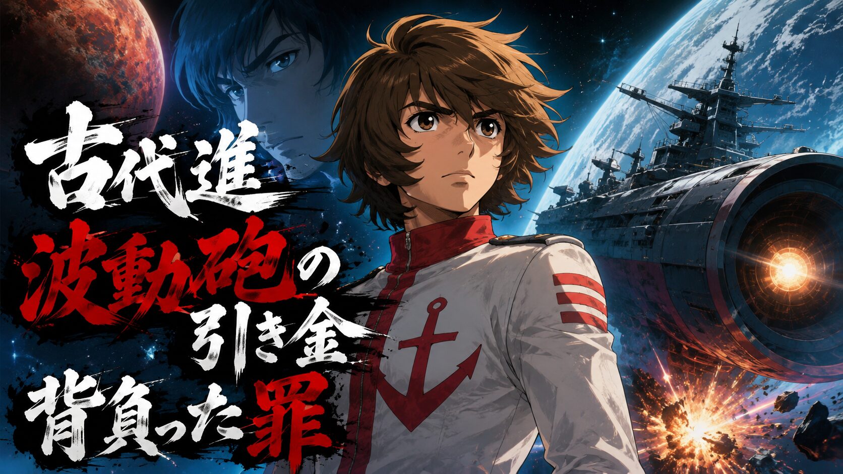 宇宙戦艦ヤマトを背景に、主人公・古代進が宇宙空間で力強い表情を見せるアニメ風ビジュアル。惑星や爆発する戦場が描かれ、波動砲発射の重責を象徴する構図。