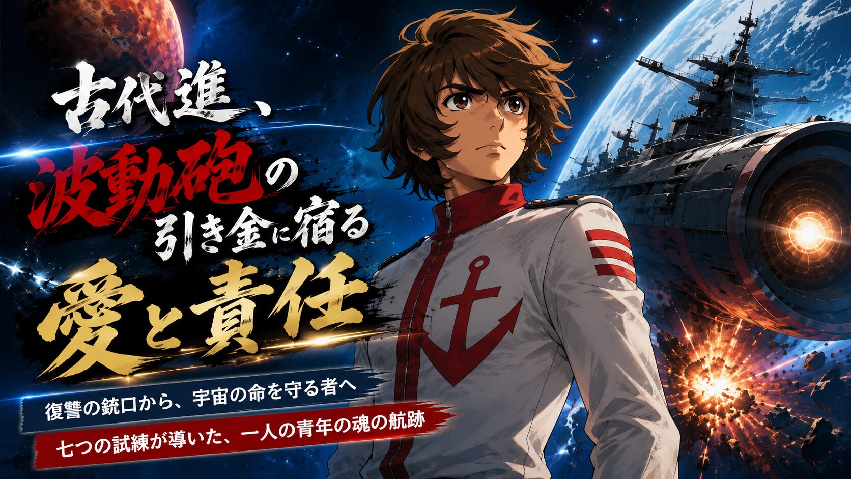 宇宙戦艦ヤマトと古代進を描いたビジュアル。波動砲を背景に、復讐心から愛と責任へと成長した主人公の姿と、七つの試練による魂の変化を象徴的に表現している。