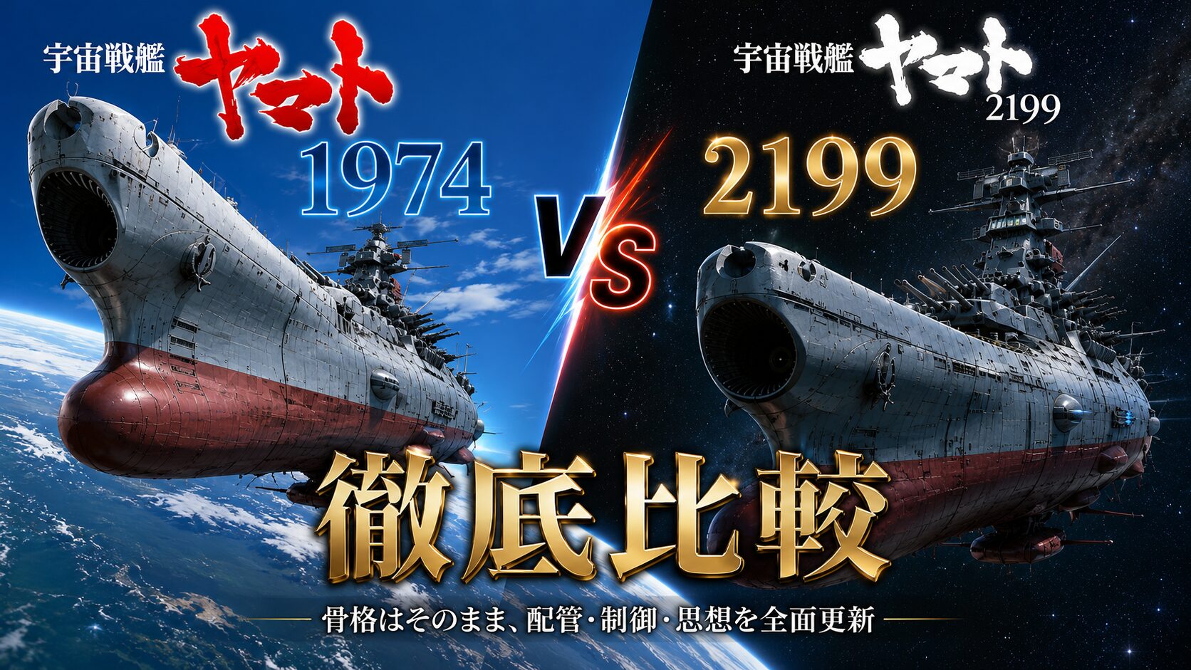 宇宙戦艦ヤマト1974版と2199版を左右に並べて比較したビジュアル。船体デザインや艦橋構造の違いを紹介する比較画像。