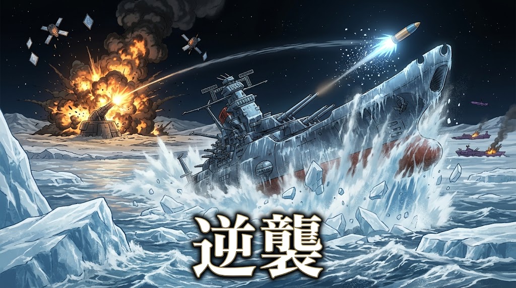 氷の海を突き破って進む宇宙戦艦と、爆発する基地や飛来するミサイルを描いた「逆襲」の戦闘シーン