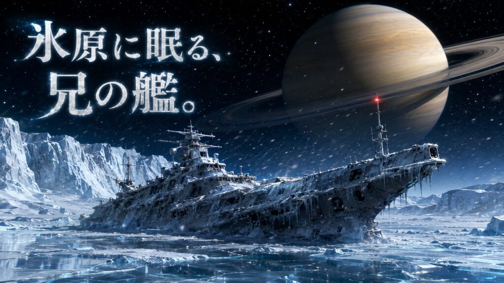 氷に閉ざされた極寒の氷原に巨大な戦艦が座礁し、背後には土星と星空が広がるSFイラスト。「氷原に眠る、兄の艦。」のタイトルが配置され、宇宙戦艦ヤマト2199第4話をイメージしたビジュアル。