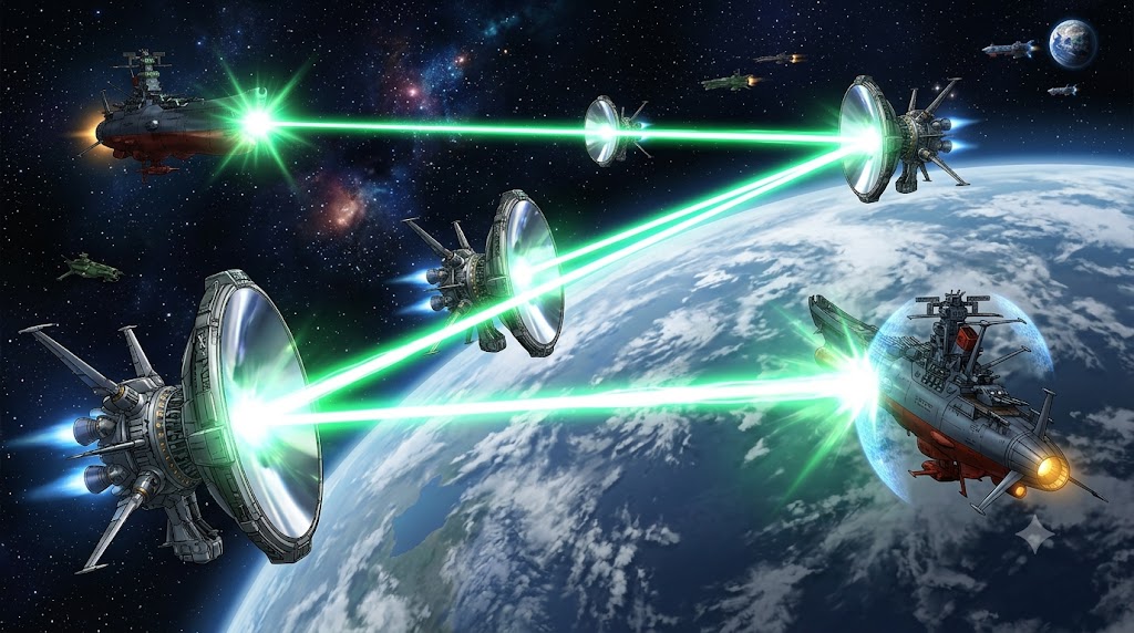 地球軌道上で複数の反射衛星が緑色の光線を中継し、二隻の宇宙戦艦を多方向から攻撃する宇宙戦闘シーン。