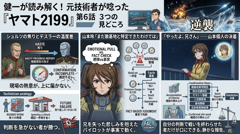 『宇宙戦艦ヤマト2199』第6話の見どころを、シュルツとデスラーの温度差、山本玲の判断、兄への報告という3点で解説した図