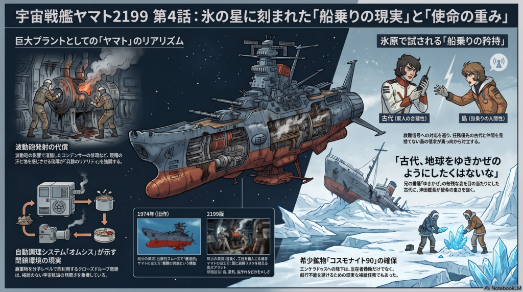 宇宙戦艦ヤマト2199第4話を解説する日本語インフォグラフィック。中央にヤマト、左に波動砲発射後の艦内被害、右に氷の星での船乗りの現実やコスモナイト90確保の場面が描かれている。