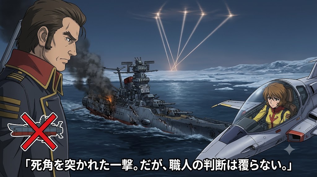 氷海で損傷し煙を上げる宇宙戦艦ヤマトを背景に、沖田艦長と戦闘機に乗る山本玲、上空から収束する砲撃を描いたアニメ風イラスト。