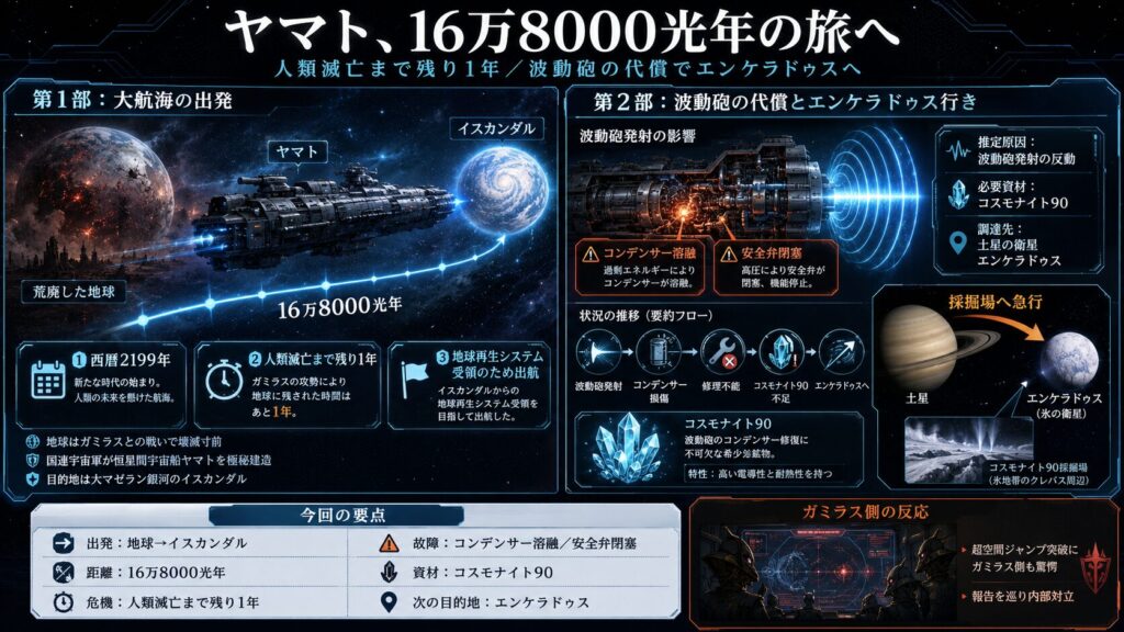 宇宙戦艦ヤマトが荒廃した地球から16万8000光年先のイスカンダルを目指して出航し、波動砲の故障によりエンケラドゥスでコスモナイト90を採掘する計画を図解したインフォグラフィック。