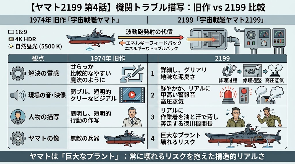『宇宙戦艦ヤマト2199』第4話における機関トラブル描写を、1974年版『宇宙戦艦ヤマト』と比較したインフォグラフィック。波動砲発射の代償、修理描写、効果音、人物表現、ヤマトの描かれ方の違いを図解している。