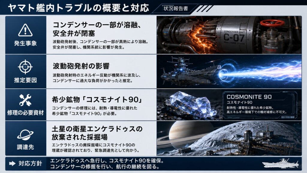 宇宙戦艦ヤマト艦内で発生したコンデンサー溶融と安全弁閉塞のトラブル、波動砲発射の影響、修理に必要な希少鉱物コスモナイト90、エンケラドゥス採掘場への緊急派遣をまとめたインフォグラフィック。