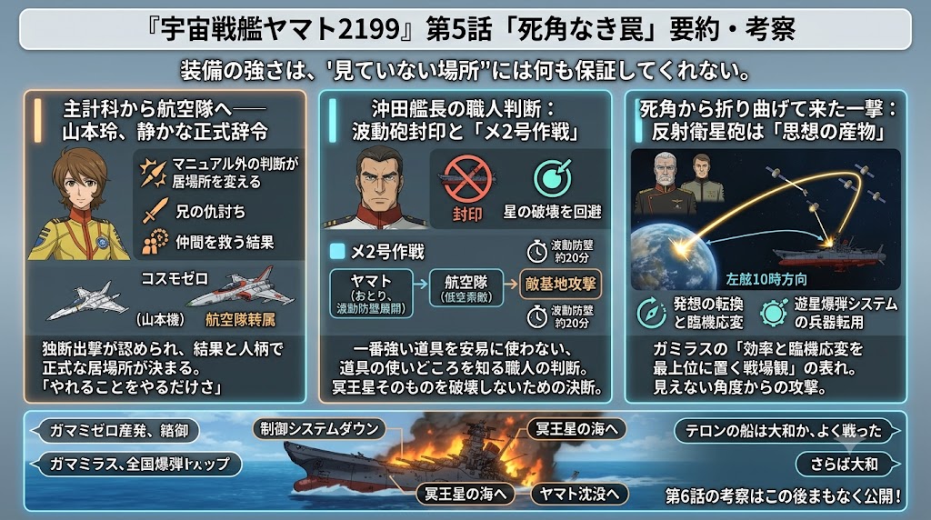 『宇宙戦艦ヤマト2199』第5話の要約と考察を、山本玲の航空隊転属、沖田艦長のメ2号作戦、反射衛星砲による攻撃の3項目で解説した図。