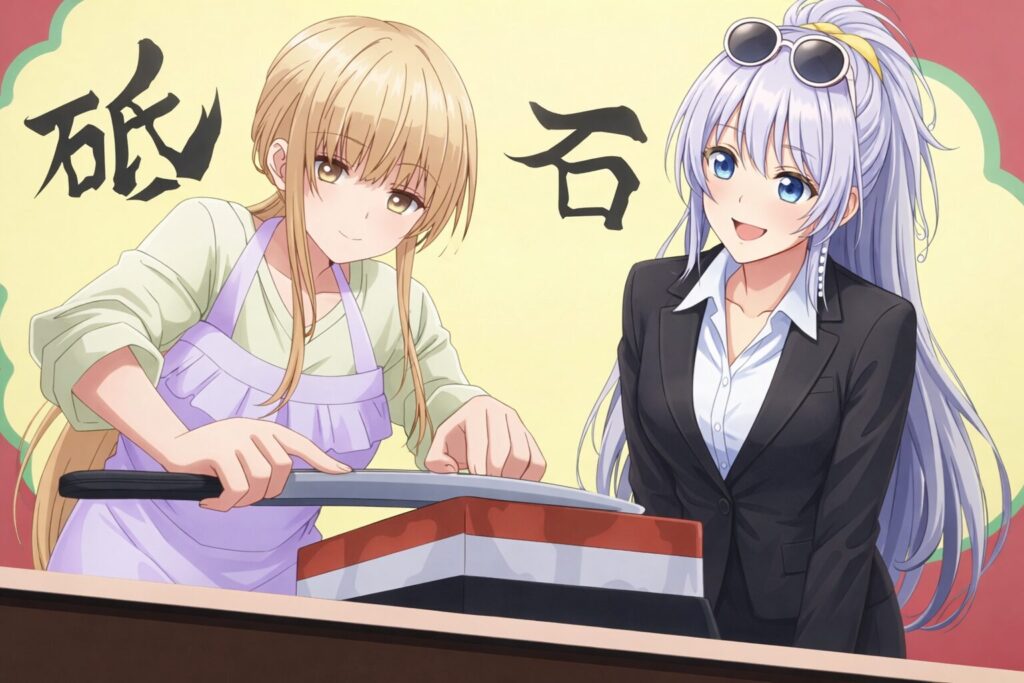 エプロン姿で真剣に包丁を研ぐ椎名真昼と、それを笑顔で見守るAI秘書Yuriのアイキャッチ画像。