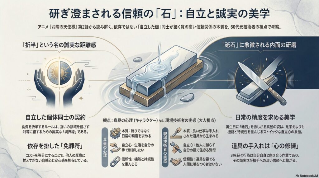 第2話のテーマ「自立と誠実の美学」を解説したインフォグラフィック。食費の折半ルールや砥石を通じた心の研磨について図解。