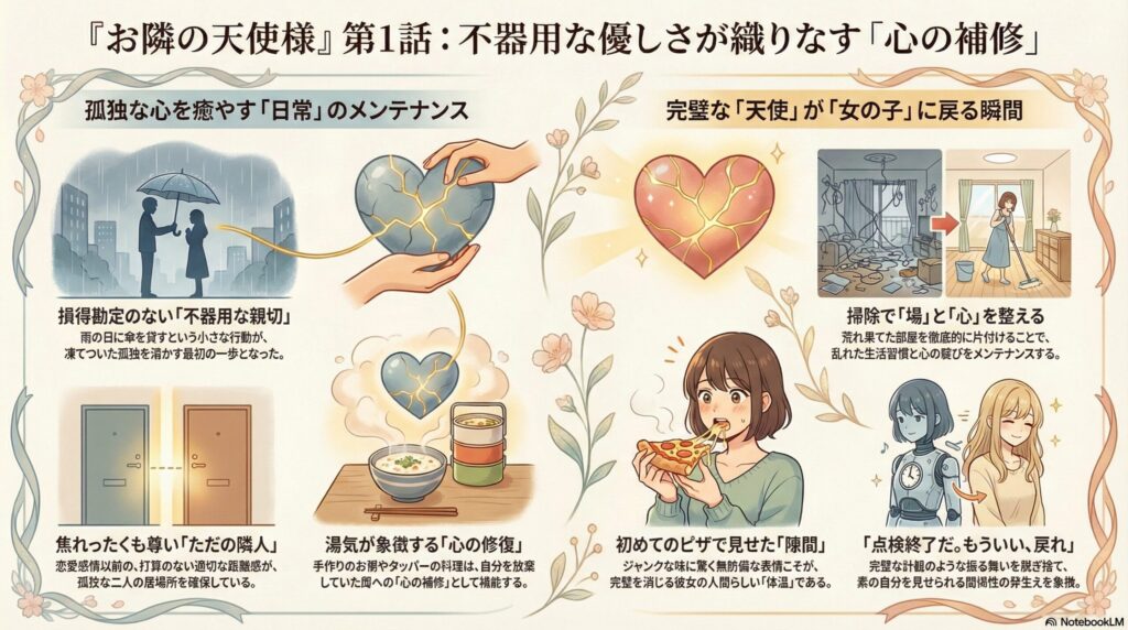 アニメ『お隣の天使様』第1話。藤宮周の散らかった部屋に、掃除機を手に呆れた表情で立つ椎名真昼と、戸惑う周のシーン画像