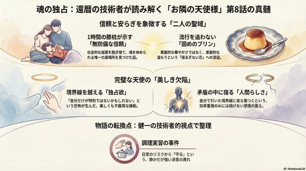 『お隣の天使様』椎名真昼の信頼と依存を分析した図解。誰にも言わないでという秘密の共有から、藤宮周への特別な感情の深化を技術者視点で解説。