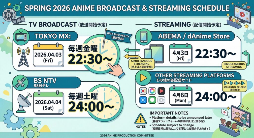 アニメ『お隣の天使様にいつの間にか駄目人間にされていた件』第2期の放送・配信スケジュール図。TOKYO MXは2026年4月3日(金)22:30〜、BS日テレは4月4日(土)24:00〜、配信はABEMA・dアニメストアにて地上波同時配信、その他サイトは4月6日(月)24:00〜順次配信されることを示すインフォグラフィック。