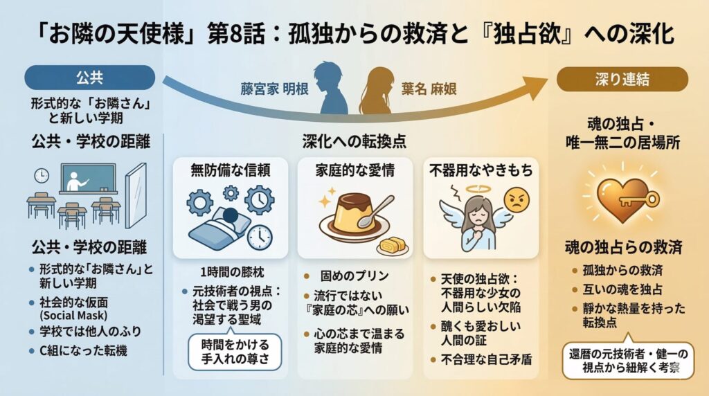 『お隣の天使様』第8話考察図解。孤独からの救済と独占欲への深化を、元技術者の視点でフローチャート化。膝枕や家庭的な愛情の心理分析。