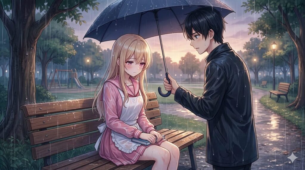 雨が降る夕暮れの公園で、ベンチに座り雨に濡れる金髪の少女(椎名真昼)に対し、少年(藤宮周)が静かに傘を差し出す様子。