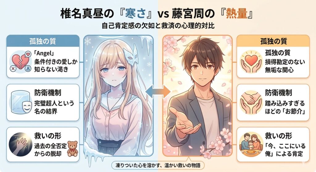 アニメ「お隣の天使様」の椎名真昼(氷と寒色のイメージ)と藤宮周(桜と暖色のイメージ)を対比させた心理分析図解。孤独の質、防衛機制、救いの形の3項目で二人の内面を詳細に解説した画像。
