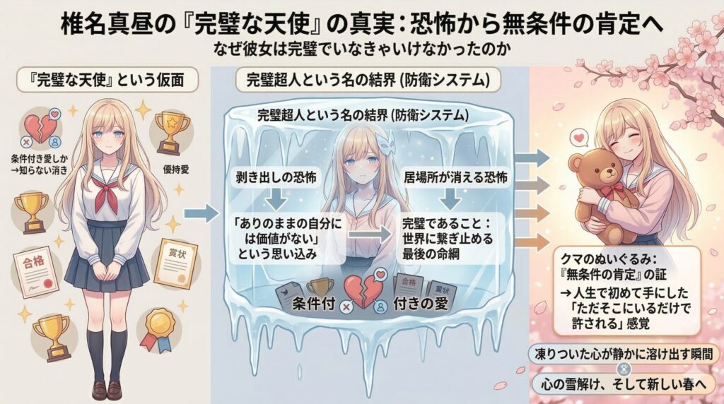 「お隣の天使様」椎名真昼の心理的成長を図解した画像。左側の「完璧な天使という仮面」から、中央の「氷の結界(防衛システム)」、そして右側のクマのぬいぐるみを抱く「無条件の肯定と雪解け」へと変化する過程を解説している。