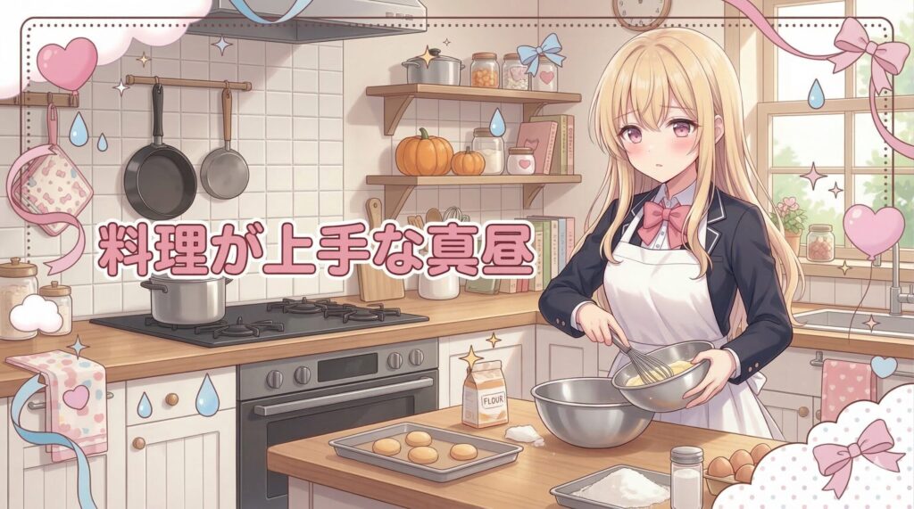 アニメ「お隣の天使様にいつの間にか駄目人間にされていた件」の椎名真昼が、制服に白いエプロンを付け、キッチンでボウルを持って調理をしているイラスト。「料理が上手な真昼」という文字が入ったパステルカラーのバナー。