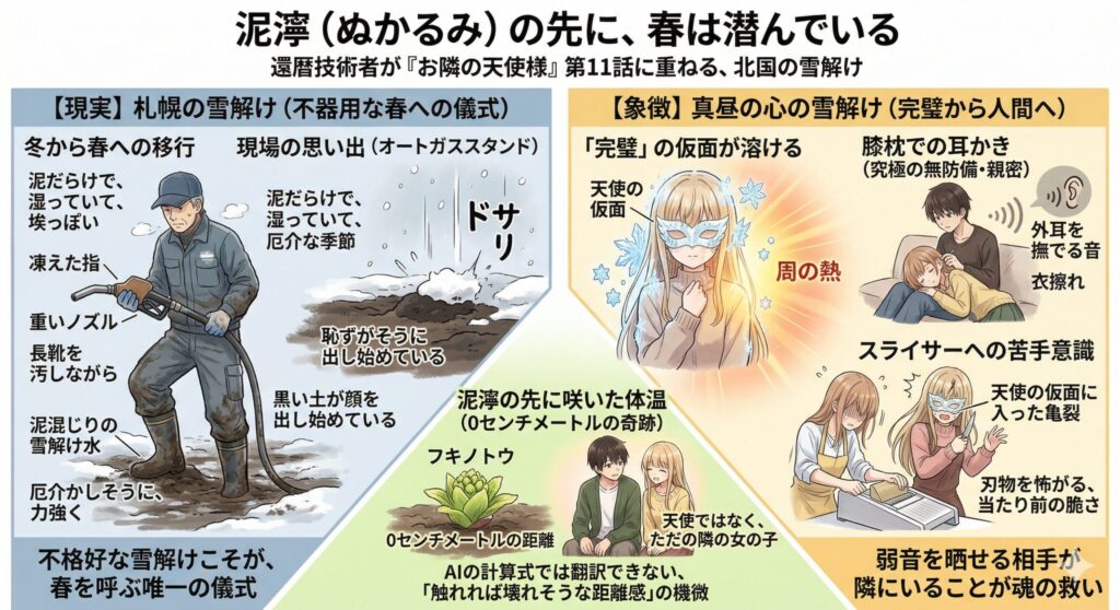 『お隣の天使様』第11話考察図解。札幌の雪解けの泥濘で作業する技術者の「現実」と、完璧の仮面が溶けて弱音を晒す真昼の「象徴」を対比させたインフォグラフィック。