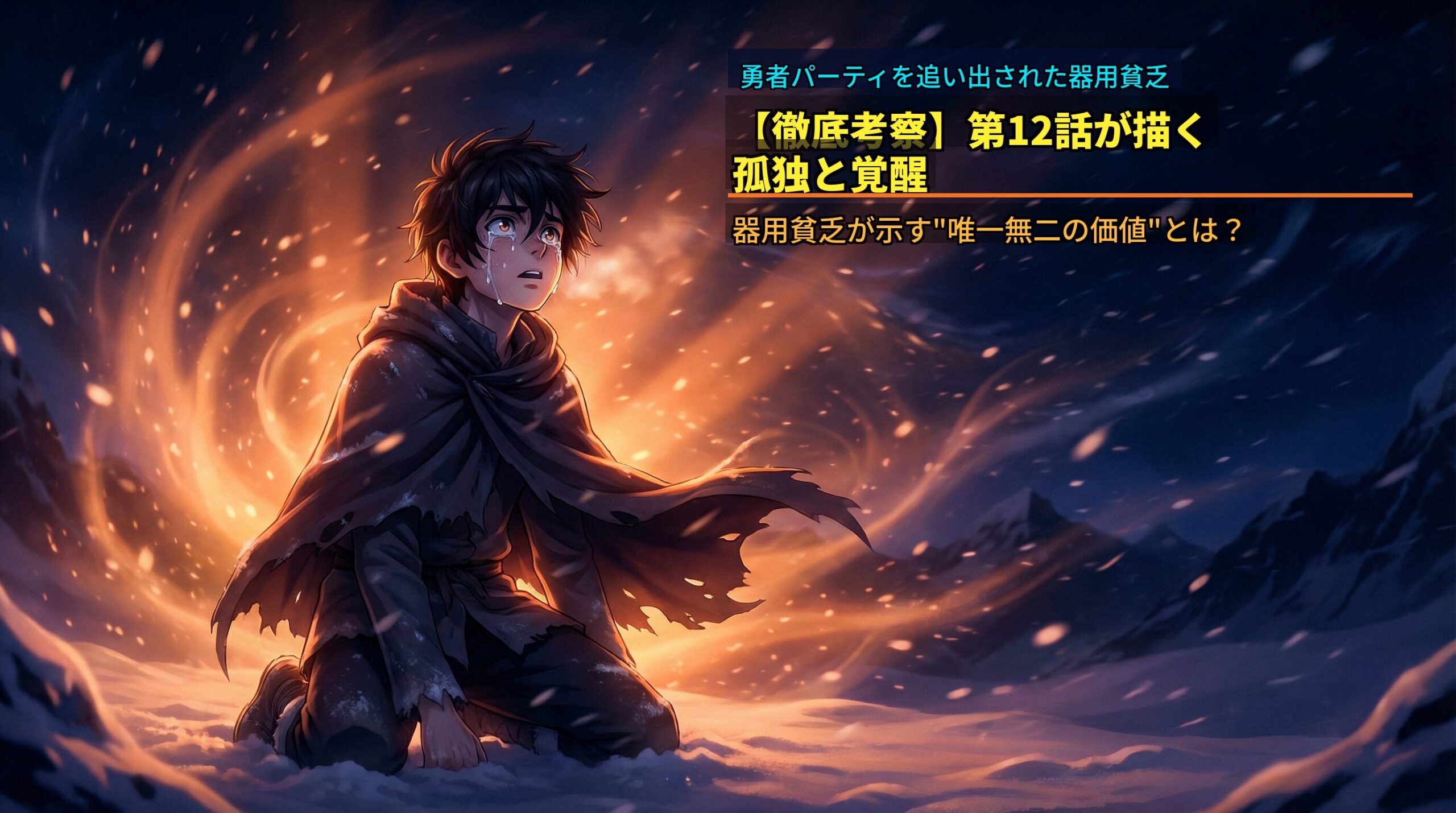 『勇者パーティを追い出された器用貧乏』第12話アイキャッチ。覚醒した主人公が剣を構えるシーン。還暦の元技術者が読み解く「職人の意地」と「オリジナルの価値」。