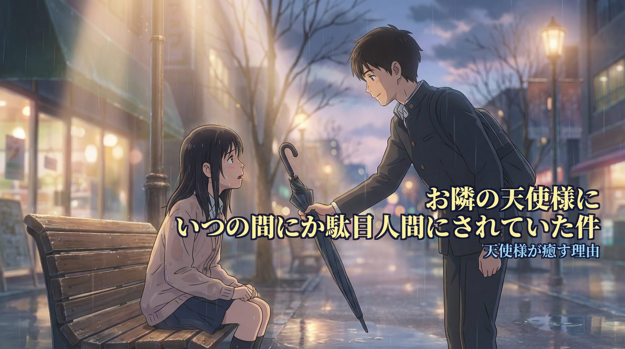 アニメ『お隣の天使様にいつの間にか駄目人間にされていた件』第2期のキービジュアル。雨の降る夕暮れの街角で、ベンチに座る制服姿の椎名真昼に、傘を差し出し笑顔を見せる藤宮周。背景には温かい街灯が灯っている。画像右側に作品タイトルと「天使様が癒やす理由」のサブタイトルが表示されている。