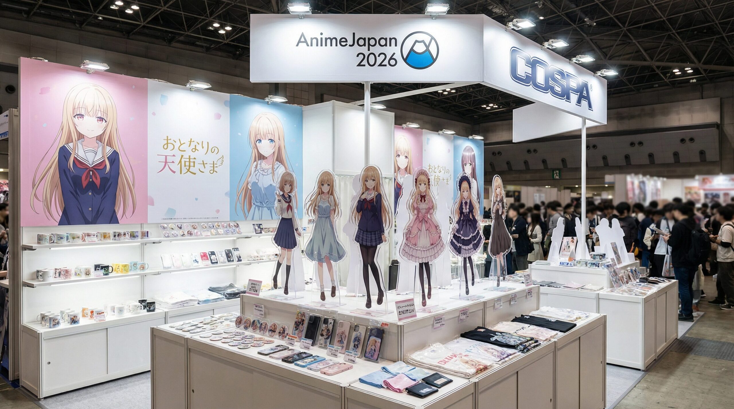 AnimeJapan 2026のCOSPAブース。アニメ「お隣の天使様にいつの間にか駄目人間にされていた件」のヒロイン・椎名真昼の様々な衣装（制服、ドレス、ゴスロリ風など）を纏った等身大パネルが複数並び、手前の棚にはマグカップやスマホケースなどのグッズが美しく陳列されている様子。