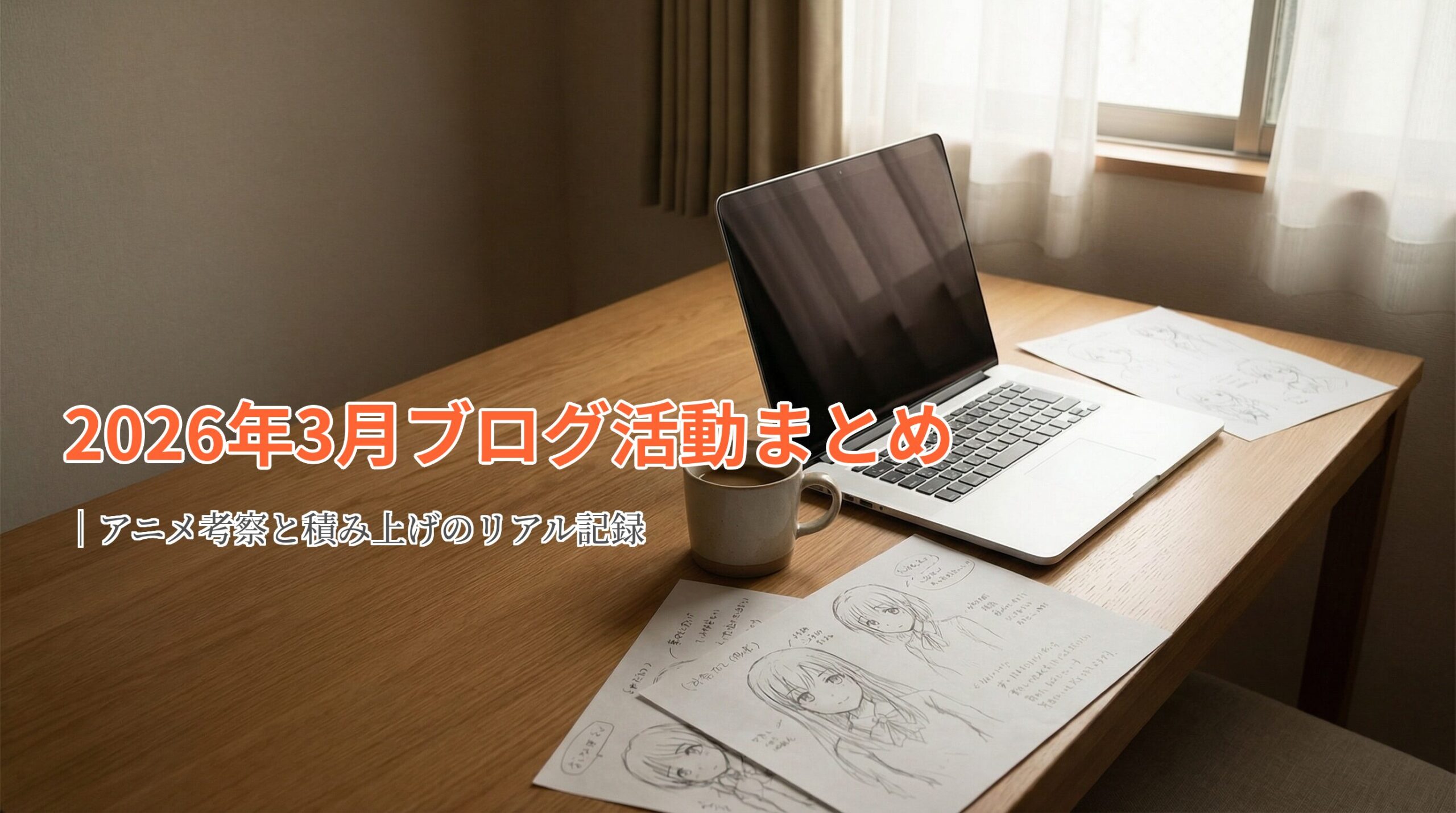 2026年3月のブログ活動まとめアイキャッチ。木目のデスクに置かれたノートPC、コーヒー、アニメのラフスケッチ。ラジオ深夜便を聴きながらの執筆風景。