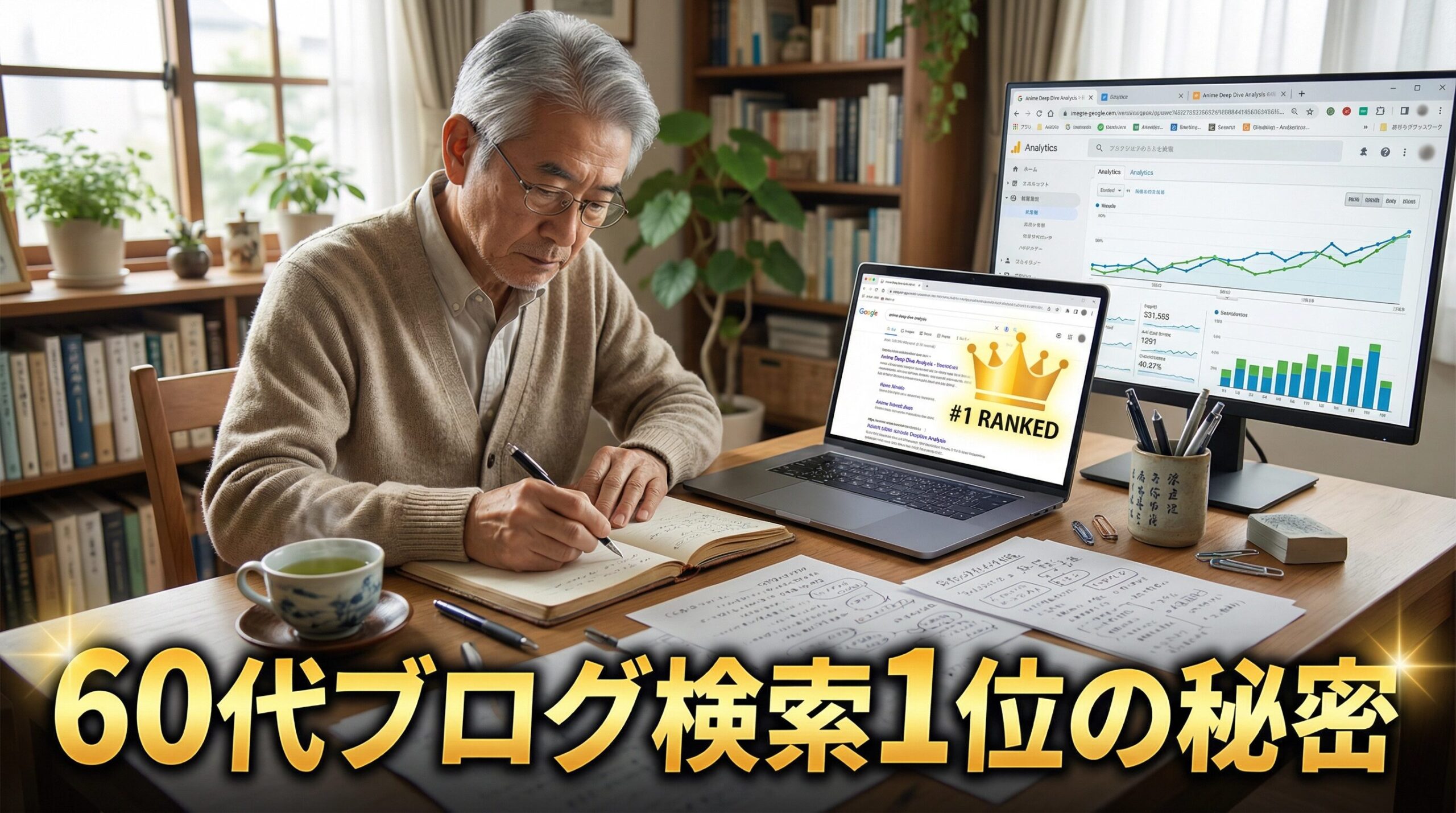 60代の男性ブロガーがパソコンとノートを使って分析し、Google検索1位を獲得したことを示すアイキャッチ画像