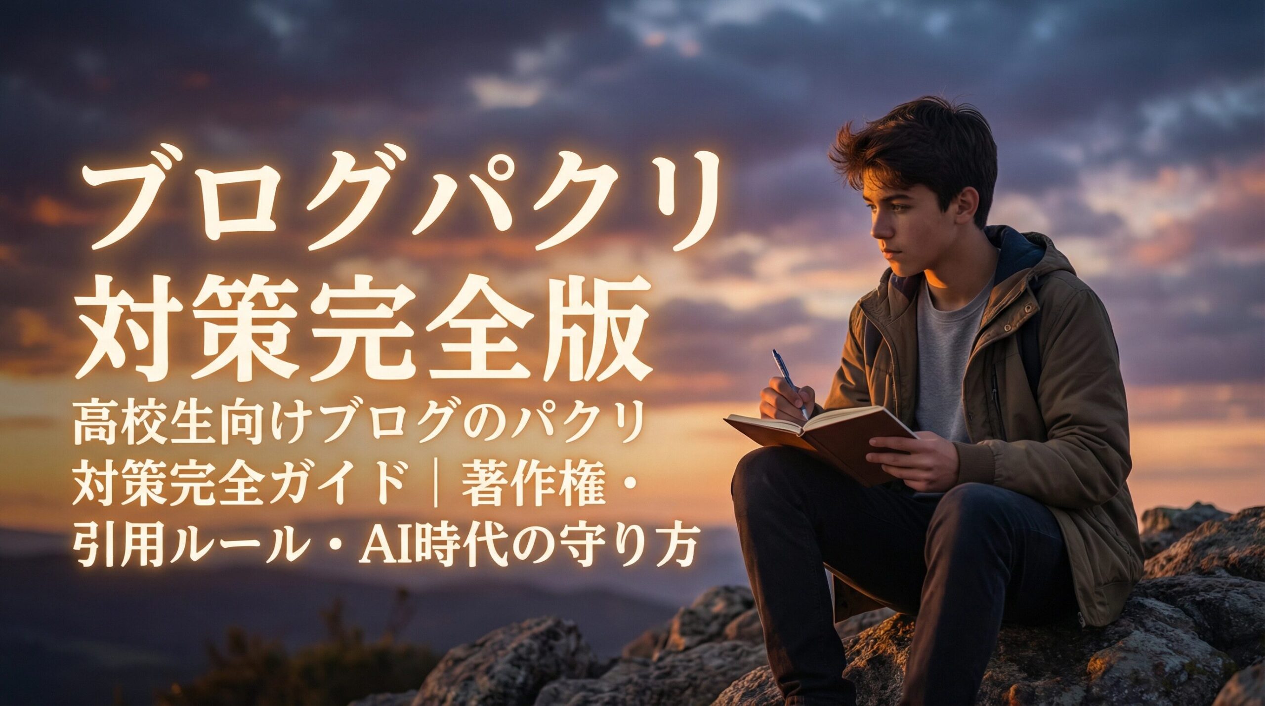 高校生向けブログパクリ対策完全ガイドのアイキャッチ画像。夕暮れの丘でノートに執筆する少年。著作権、引用ルール、AI時代のブログの守り方を解説。