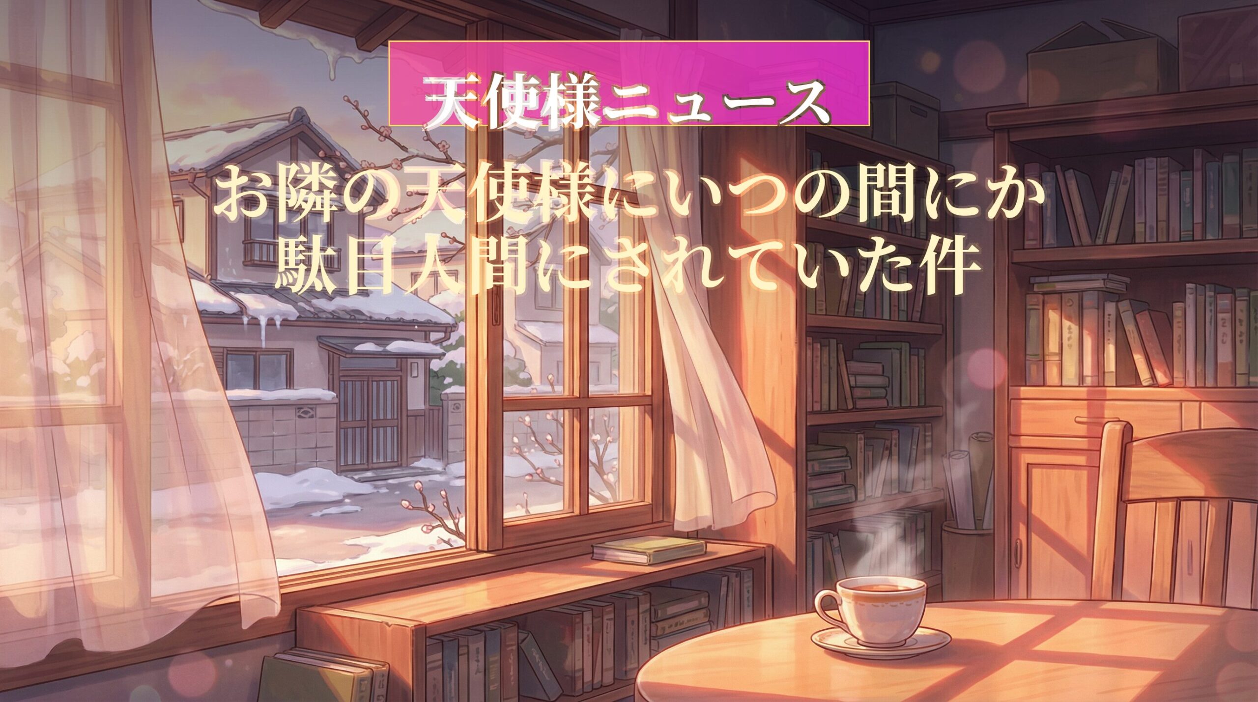 雪が残る静かな街並みを窓から望む、温かい光が差し込む書斎。机には湯気が立つ紅茶があり、「天使様ニュース お隣の天使様にいつの間にか駄目人間にされていた件」の文字が入ったアイキャッチ画像。