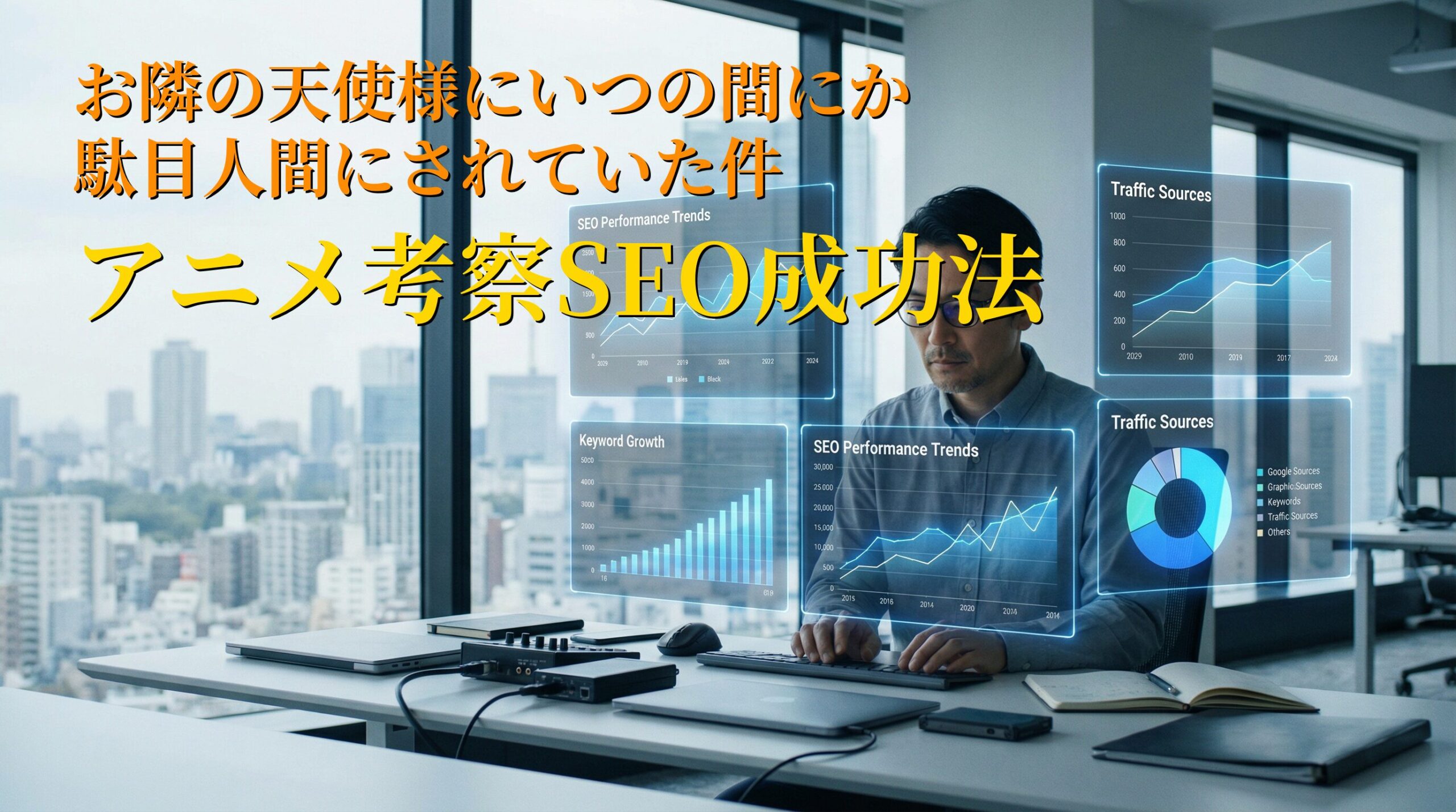 『お隣の天使様』考察ブログのSEO成功事例を解説するアイキャッチ。データ分析を行う男性とキーワード成長グラフのホログラム。