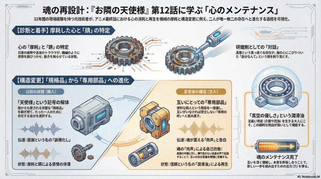 『お隣の天使様』最終回考察。心を機械の摩耗と錆に例え、対話による研磨を経て「専用部品」へと進化する過程を可視化した、技術者視点の心理分析インフォグラフィック。