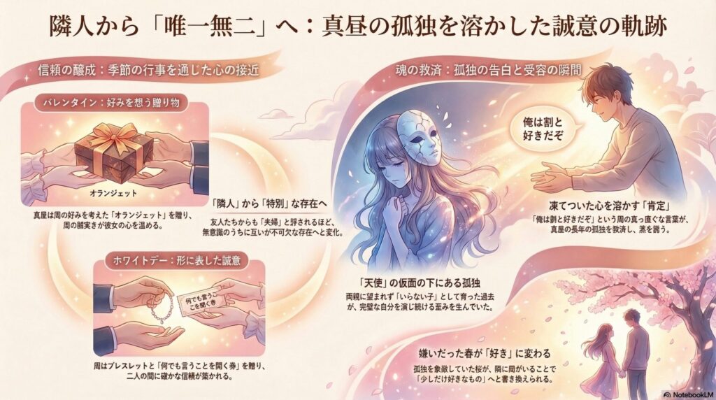 「隣人から『唯一無二』へ」と題されたインフォグラフィック。バレンタインのオランジェット、ホワイトデーのブレスレット、仮面を被った真昼の孤独、そして桜の下で向き合う二人のイラストが、心理的進展と共に描かれている。