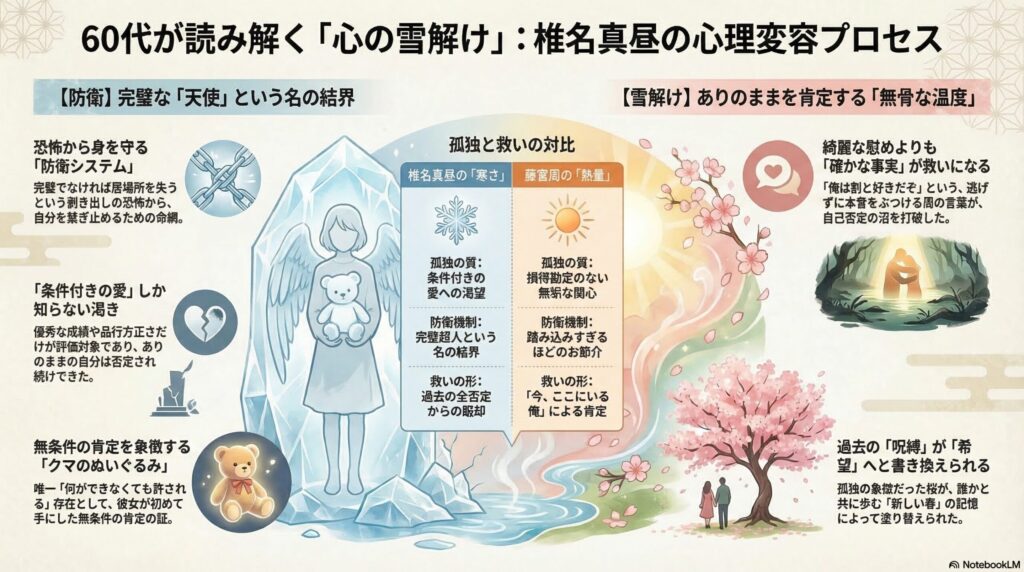 「60代が読み解く『心の雪解け』」と題された、椎名真昼の心理変容プロセス図解。防衛システムとしての氷の結界から、無条件の肯定による雪解け、そして新しい春への希望を、健一独自の視点で詳細に分析したインフォグラフィック。