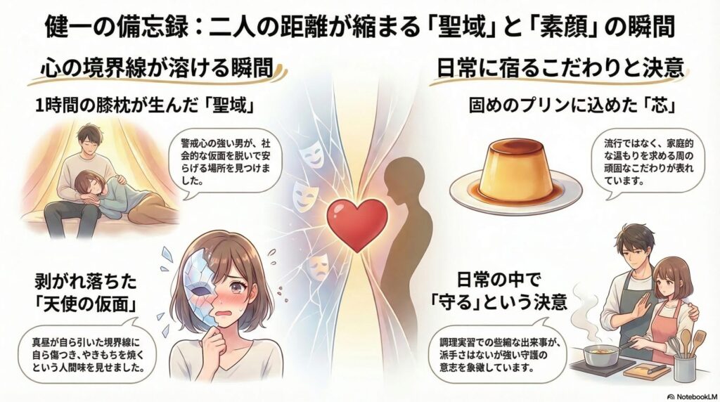 お隣の天使様考察図解。健一の備忘録:二人の距離が縮まる「聖域」と「素顔」の瞬間。膝枕、固めのプリン、剥がれ落ちた天使の仮面、守るという決意を解説。