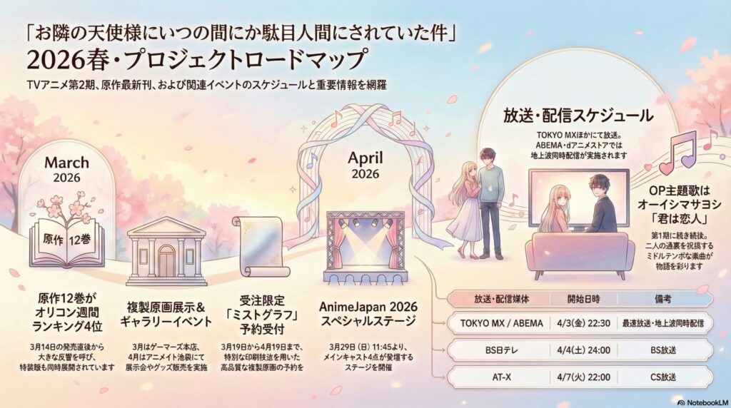 お隣の天使様にいつの間にか駄目人間にされていた件、2026年春のプロジェクトロードマップ。アニメ2期放送開始日、AnimeJapan、原作12巻、各種イベント情報を網羅した図解。