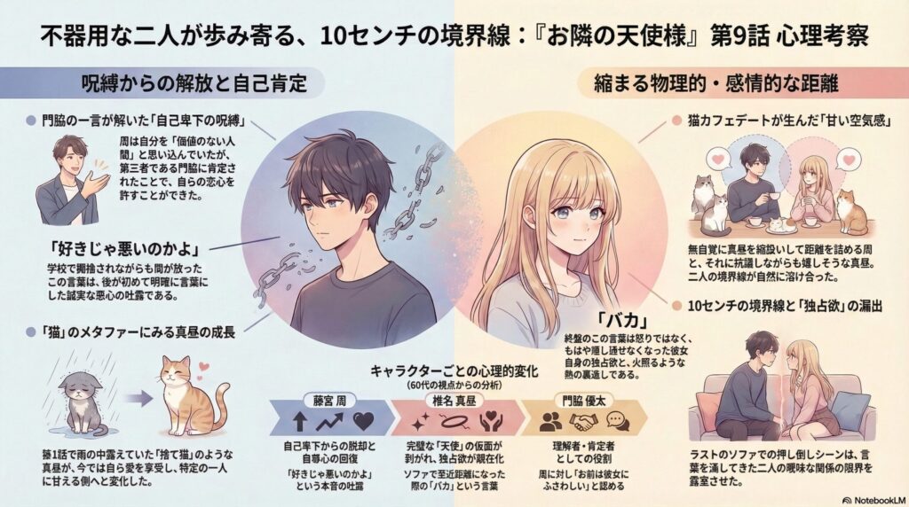 『お隣の天使様』第9話。夕光の中で切ない表情を見せる椎名真昼。周への想いと、言葉にできない葛藤が滲むクローズアップ。